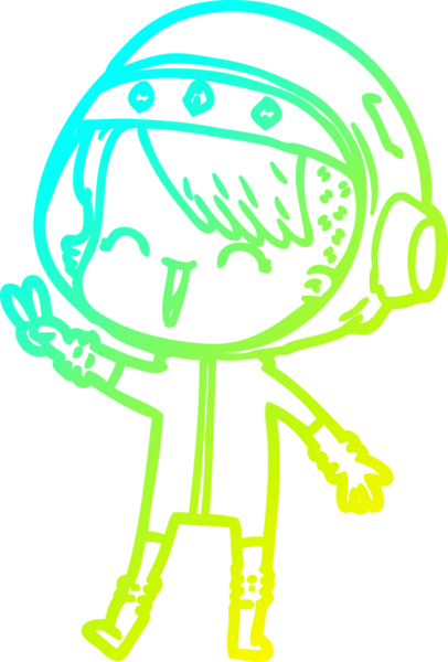 Bir insan tarafından çizilmiş barış işareti veren mutlu bir uzay kızının soğuk gradyan çizimi