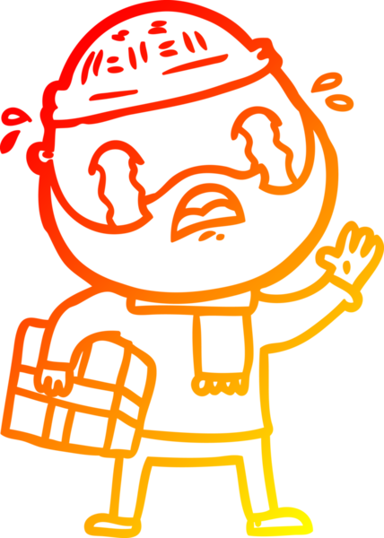 Bir insan tarafından çizilmiş Noel hediyesiyle ağlayan sakallı bir adamın sıcak çizgi çizimi.