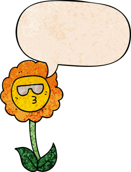 Konuşma baloncuğu olan karikatür çiçeği insan tarafından çizilmiş eski moda dokular.