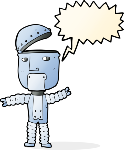 Bir insan tarafından çizilmiş konuşma balonu olan çizgi film robotu.