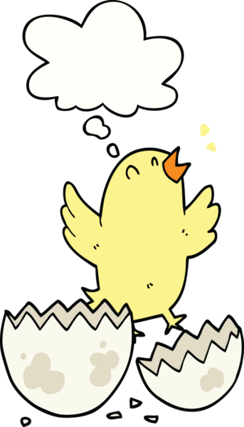Bir insan tarafından çizilmiş düşünce baloncuğuyla yumurtadan çıkan çizgi film kuşu.