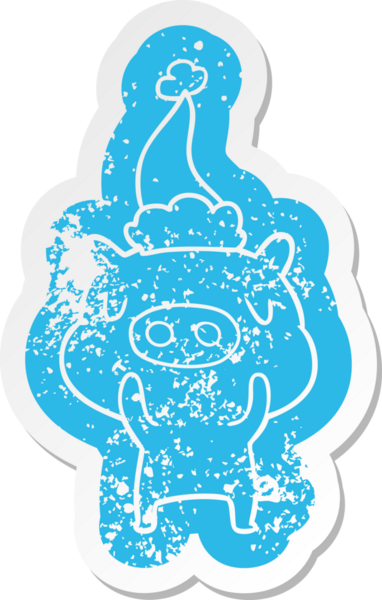 Bir insan tarafından çizilmiş Noel Baba şapkası takan içerikli bir domuzun garip bir karikatürü.