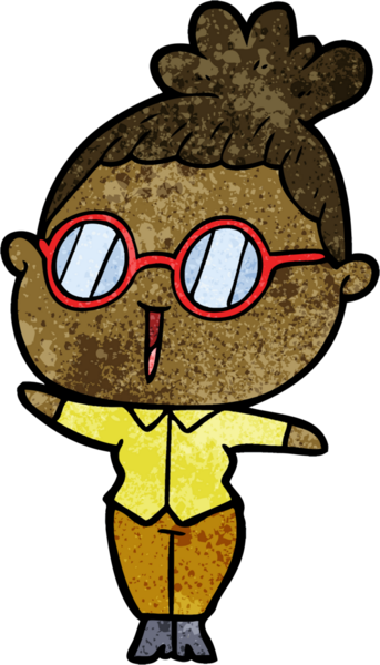 Bir insan tarafından çizilmiş gözlüklü bir karikatür kadın.