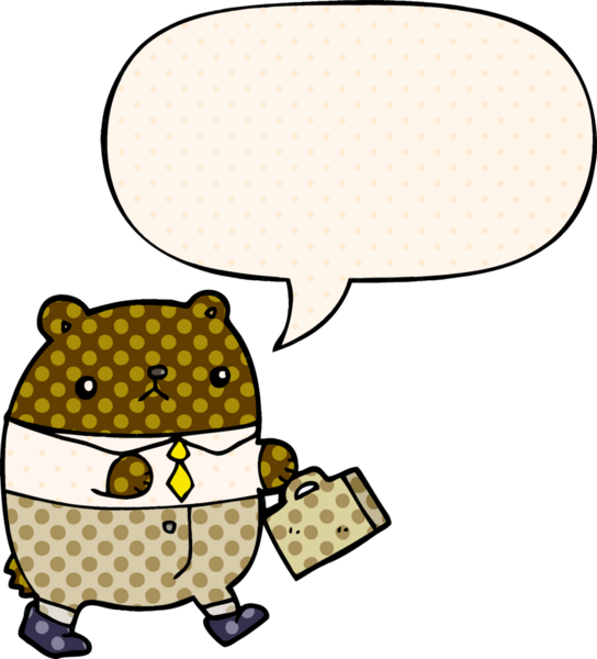 İş kıyafetleri içinde çizgi roman tarzı konuşma balonu olan çizgi film ayısı bir insan tarafından çizilmiş.