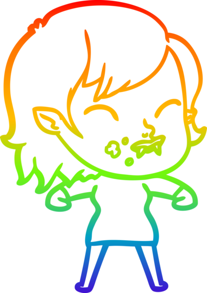 Gökkuşağı gradyan çizgisi. Bir insan tarafından çizilmiş yanağında kan olan vampir bir kız çizgi filmi.