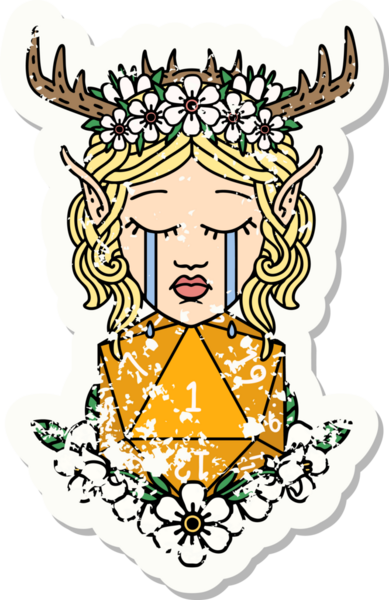 Ağlayan bir Elf Druid karakterinin yapışkan etiketi. Doğal bir D20 ruloyla bir insan tarafından çizilmiş.