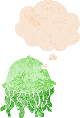 Düşünce baloncuklu çizgi film denizanası grunge sıkıntılı retro desenli bir insan tarafından çizilmiş