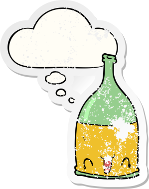 Düşünce baloncuklu şarap şişesi insan tarafından çizilmiş yıpranmış bir çıkartma.