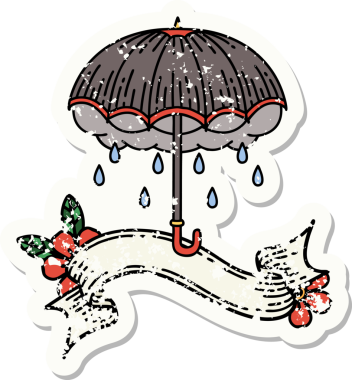 Bir insan tarafından çizilmiş şemsiye ve fırtına bulutlu eski bir etiket.