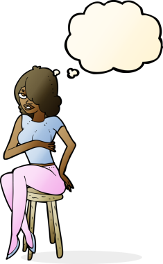 Bir insan tarafından çizilmiş düşünce baloncuğuyla bar taburesinde oturan çizgi film kadını.