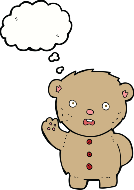 Bir insan tarafından çizilmiş düşünce baloncuklu mutsuz oyuncak ayı.