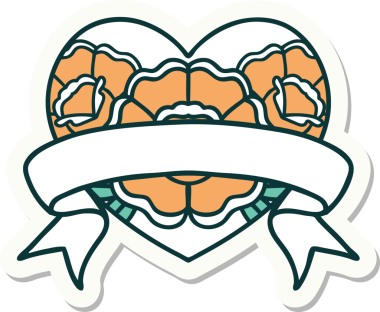 Geleneksel kalp stili dövme çıkartması ve bir insan tarafından çizilmiş çiçekli pankart.