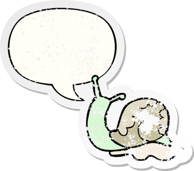 Konuşma balonlu çizgi film salyangozu bir insan tarafından çizilmiş sıkıntılı eski bir çıkartma