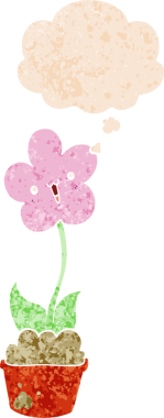 Düşünce baloncuğu ve grunge ile sevimli karikatür çiçek bir insan tarafından çizilmiş sıkıntılı retro doku