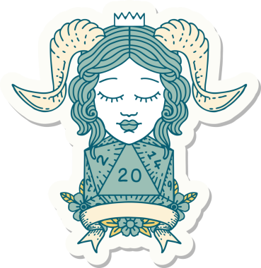 Bir insan tarafından çizilmiş doğal yirmi zarla yapıştırılmış bir etiket.