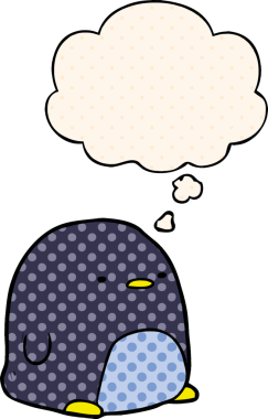 Çizgi roman tarzında bir insan tarafından çizilmiş düşünce baloncuğu olan sevimli penguen.