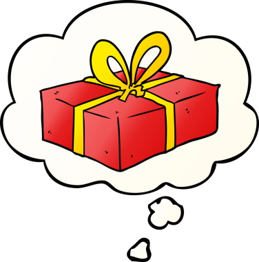 Bir insan tarafından çizilmiş, düşünce baloncuğuyla paketlenmiş çizgi film hediyesi.