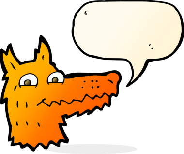 Bir insan tarafından çizilmiş konuşma balonlu tilki kafası.