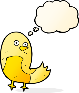 Bir insan tarafından çizilmiş düşünce baloncuklu çizgi film kuşu.