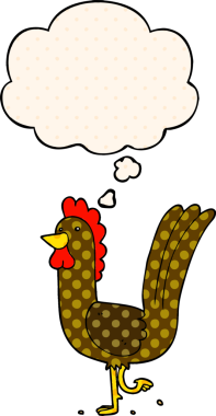 Çizgi roman tarzında bir insan tarafından çizilmiş düşünce kabarcığı olan çizgi film horozu.