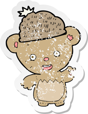 Bir insan tarafından çizilmiş şapkalı çizgi film ayısının gerilimli çıkartması.