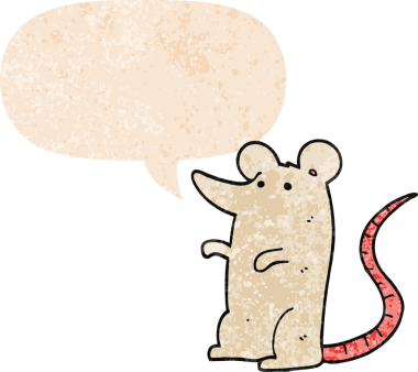 Konuşma baloncuğu olan çizgi film faresi bir insan tarafından çizilmiş dertli retro desenli