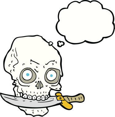 Bir insan tarafından çizilmiş düşünce baloncuğuyla dişlerinde bıçak olan korsan kafatası.