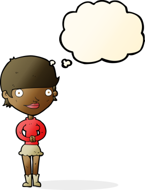 Bir insan tarafından çizilmiş düşünce baloncuğu olan çizgi film dostu kadın.