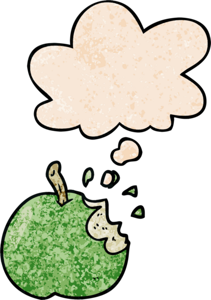 Bir insan tarafından çizilmiş grunge desenli düşünce baloncuklu karikatür ısırılmış elma.