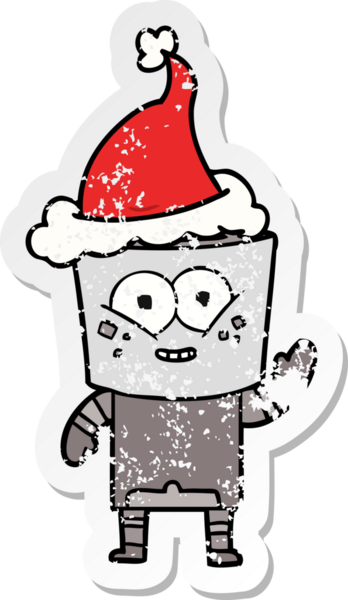 Mutlu el çizilmiş hüzünlü bir robot çizimi merhaba diyor Noel Baba şapkası giymiş bir insan tarafından çizilmiş