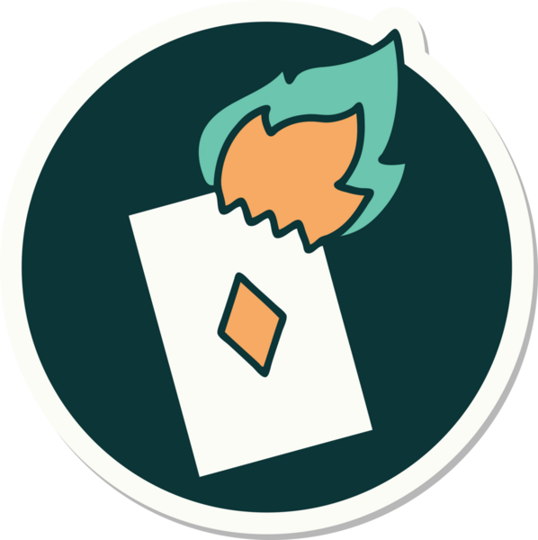 Geleneksel stil dövme çıkartması. Bir insan tarafından çizilmiş alevli kart.