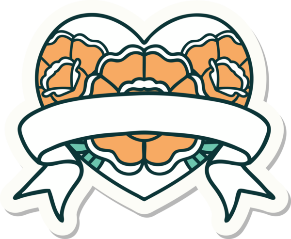 Geleneksel kalp stili dövme çıkartması ve bir insan tarafından çizilmiş çiçekli pankart.