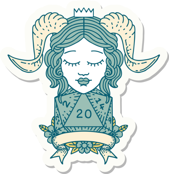 Bir insan tarafından çizilmiş doğal yirmi zarla yapıştırılmış bir etiket.