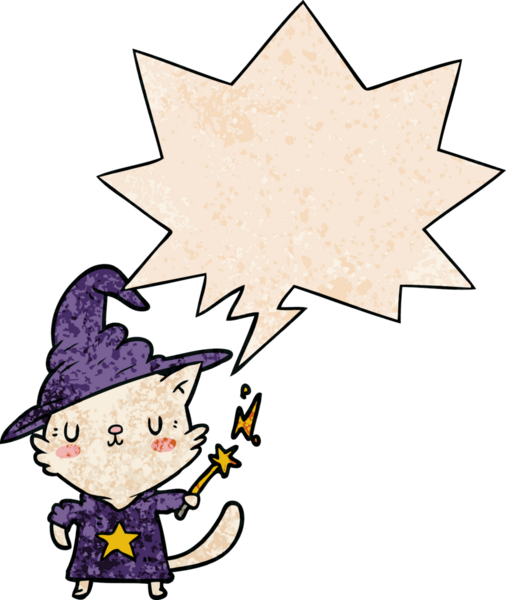 Bir insan tarafından çizilmiş geçmişe dönük konuşma baloncuğu olan büyüleyici çizgi film kedi sihirbazı.