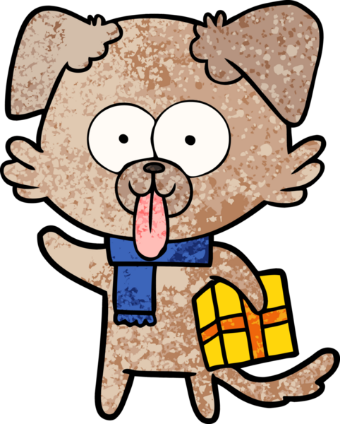 Bir insan tarafından çizilmiş noel hediyeli çizgi film köpeği.