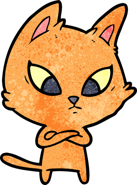 Bir insan tarafından çizilmiş kafası karışmış çizgi film kedisi.