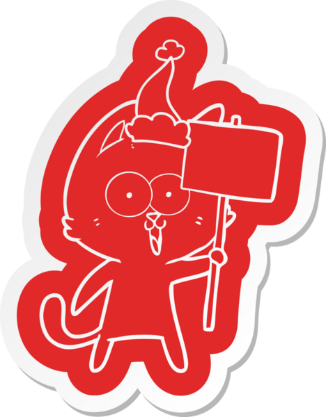 Bir insan tarafından çizilmiş Noel Baba şapkası takan bir kedinin komik çizgi film çıkartması.