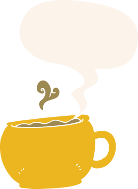 bir insan tarafından çizilmiş, konuşma baloncuklu çizgi film kahve fincanı.