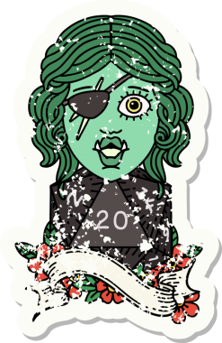 Bir insan tarafından çizilmiş doğal yirmi zarlı bir ork haydut karakterinin grunge sticker 'ı