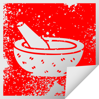 Sıkıntılı kare soyma etiketi tuhaf sembol tokmağı ve bir insan tarafından çizilmiş havan topu.