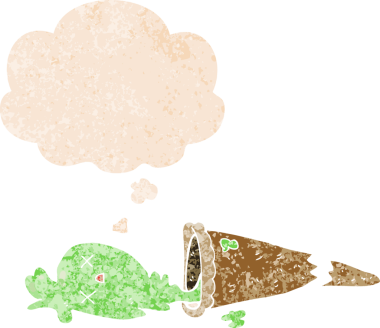 Düşünce baloncuklu çizgi film dondurması bir insan tarafından çizilmiş dertli retro desenli.