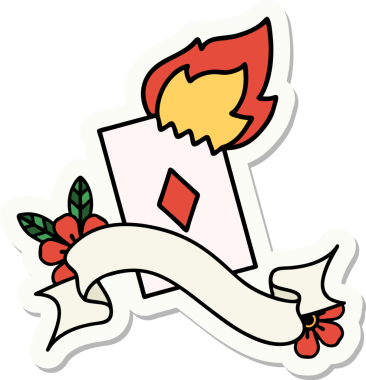 Bir insan tarafından çizilmiş yanan bir kartın pankartına sahip dövme stili çıkartması