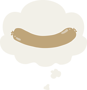 Düşünce baloncuklu çizgi film sosisi insan tarafından çizilmiş.