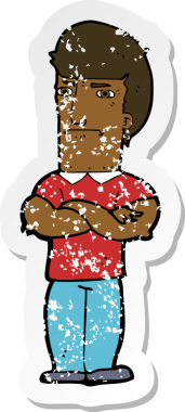 Çizgi filmin gerilimli çıkartması. Sinirli bir adam. Kollarını bir insan tarafından kavuşturulmuş.