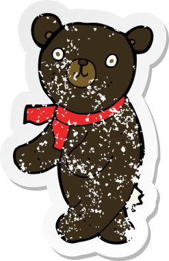 Bir insan tarafından çizilmiş siyah oyuncak ayının depresif, tatlı bir çizgi film çıkartması.