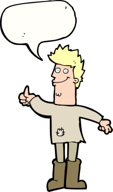 Bir insan tarafından çizilmiş konuşma balonu olan paçavralar içindeki pozitif düşünceli bir adam.