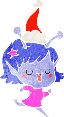 Mutlu uzaylı kız el çizimi. Bir insan tarafından çizilmiş Noel Baba şapkası.