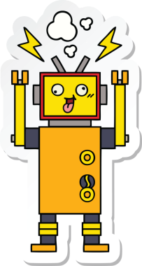 Bir insan tarafından çizilmiş arızalı sevimli bir robot karikatürü çıkartması.