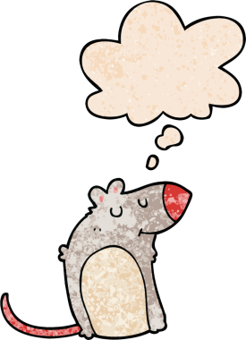 Düşünce baloncuğu olan çizgi film şişman sıçanı bir insan tarafından çizilmiş grunge doku tarzı.