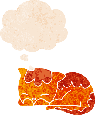 Düşünce baloncuğuyla uyuyan çizgi film kedisi bir insan tarafından çizilmiş dertli retro tarzı